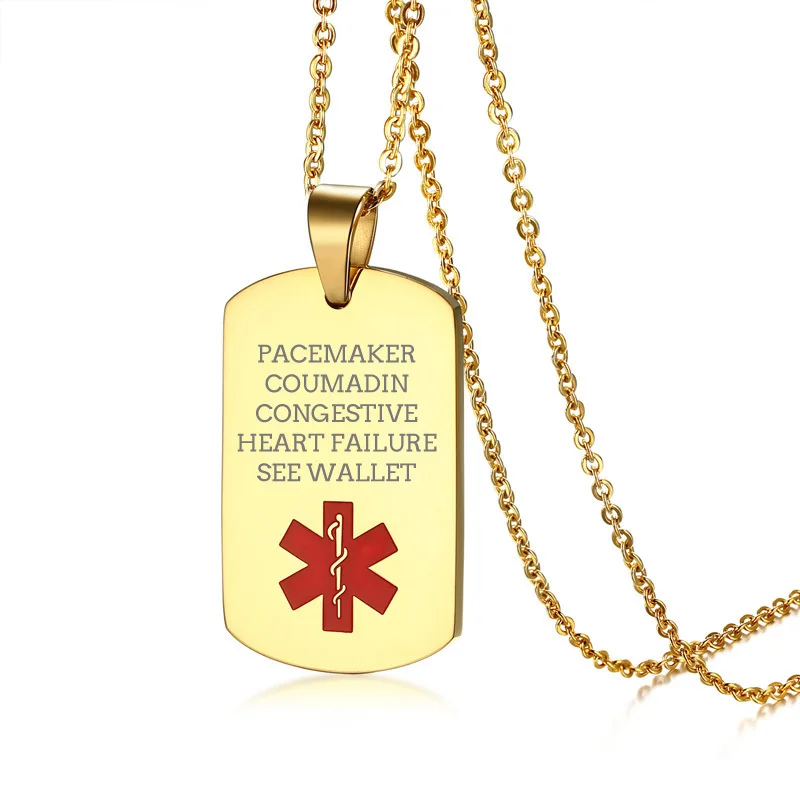 Free Engraved Stainless Steel Medical Alert ID Dog Tag Necklace in Gold
