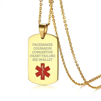 

Free Engraved Stainless Steel Medical Alert ID Dog Tag Necklace in Gold Tone for Men Male Jewelry 20" Chain