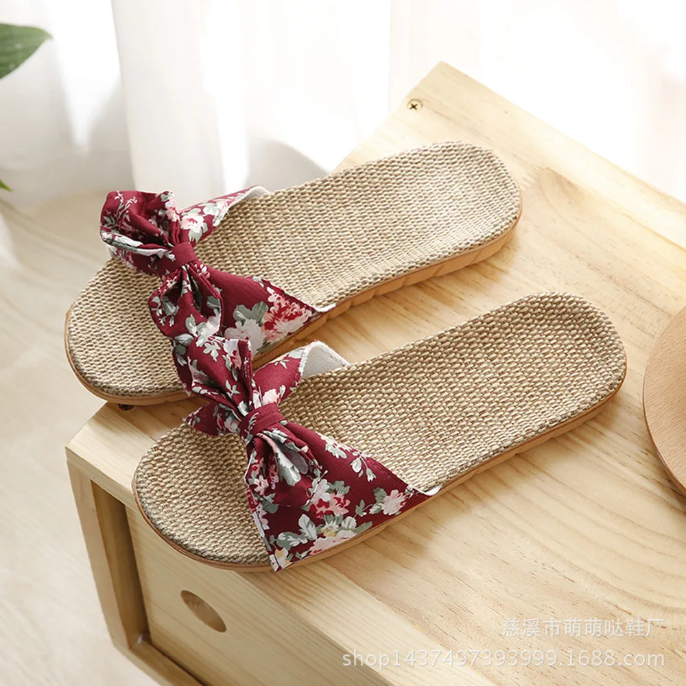 

New Summer Slippers Women Shoes Beach Slippers Female Casual Flax Butterfly Knot Non Slip Sandals Indoor Shoes Breathable Flats
