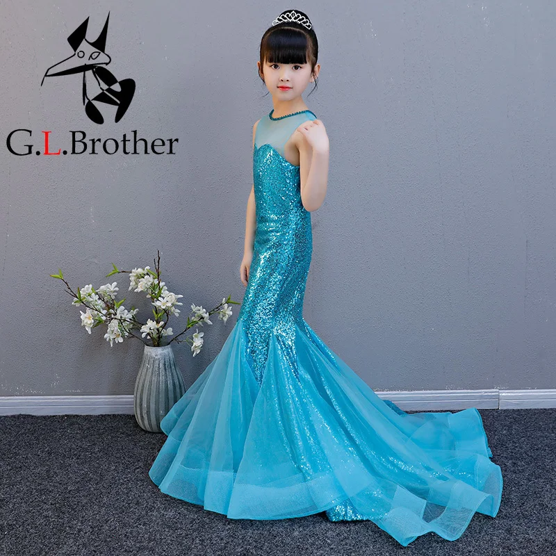 

2018 Mermaid Flower Girl Dresses Sleeveless Sequins Kids Wedding Party Birthday Dresses Princess Children Formal Costume AA261