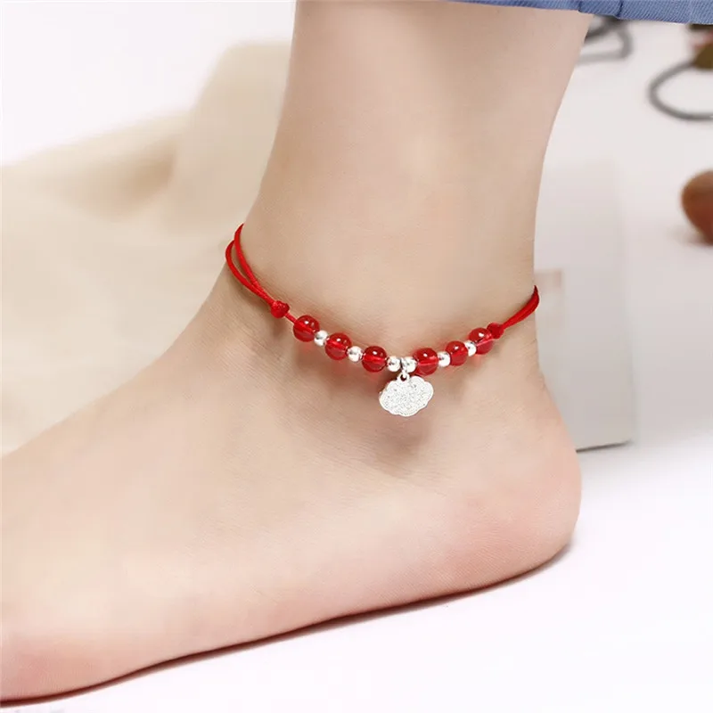 Boho Красная Нить лодыжки браслет бисер серебряного цвета ног цепи строка Halhal ножной браслет на украшения для ног для женский браслет - Окраска металла: F