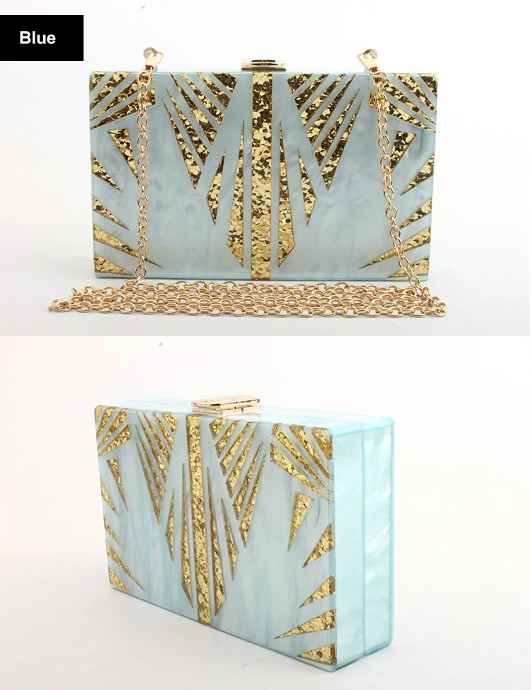 Luxy Moon Blue Acrylic Box Glitter Clutch Purse Front and Side View