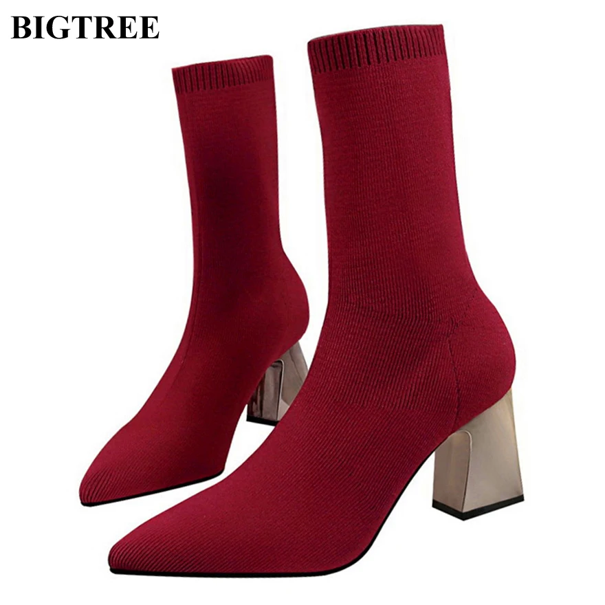 

2 Style Pointed Toe Women's Short Boots New Fashion Solid Knitting Metal Square Heels 7cm Boots Women's High Heels Shoe 4 Colors