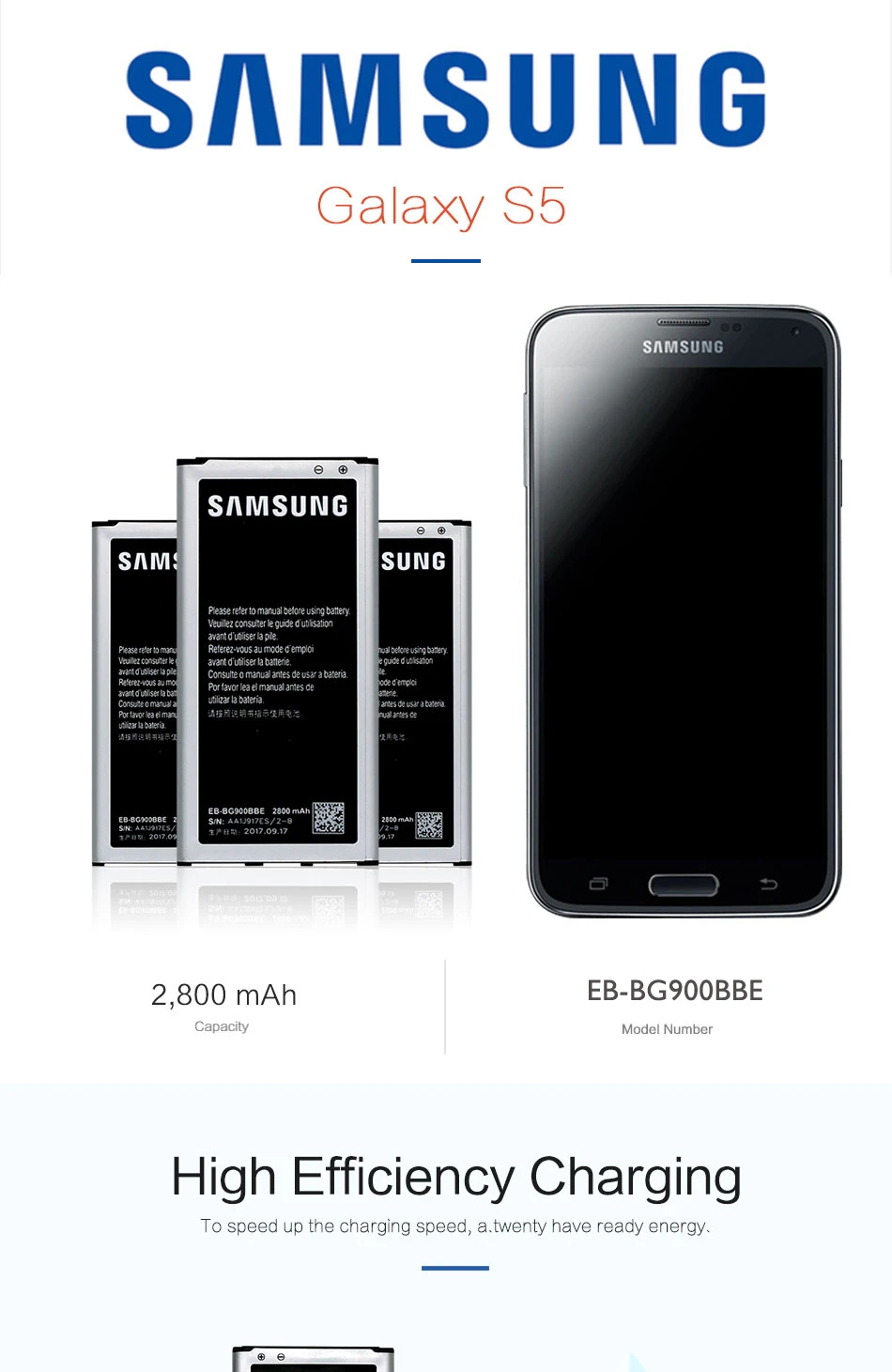 Samsung S5 Аккумулятор для Galaxy S5 G900 G900S G900I G900F G900H 2800 мАч EB-BG900BBE с NFC Сменный аккумулятор