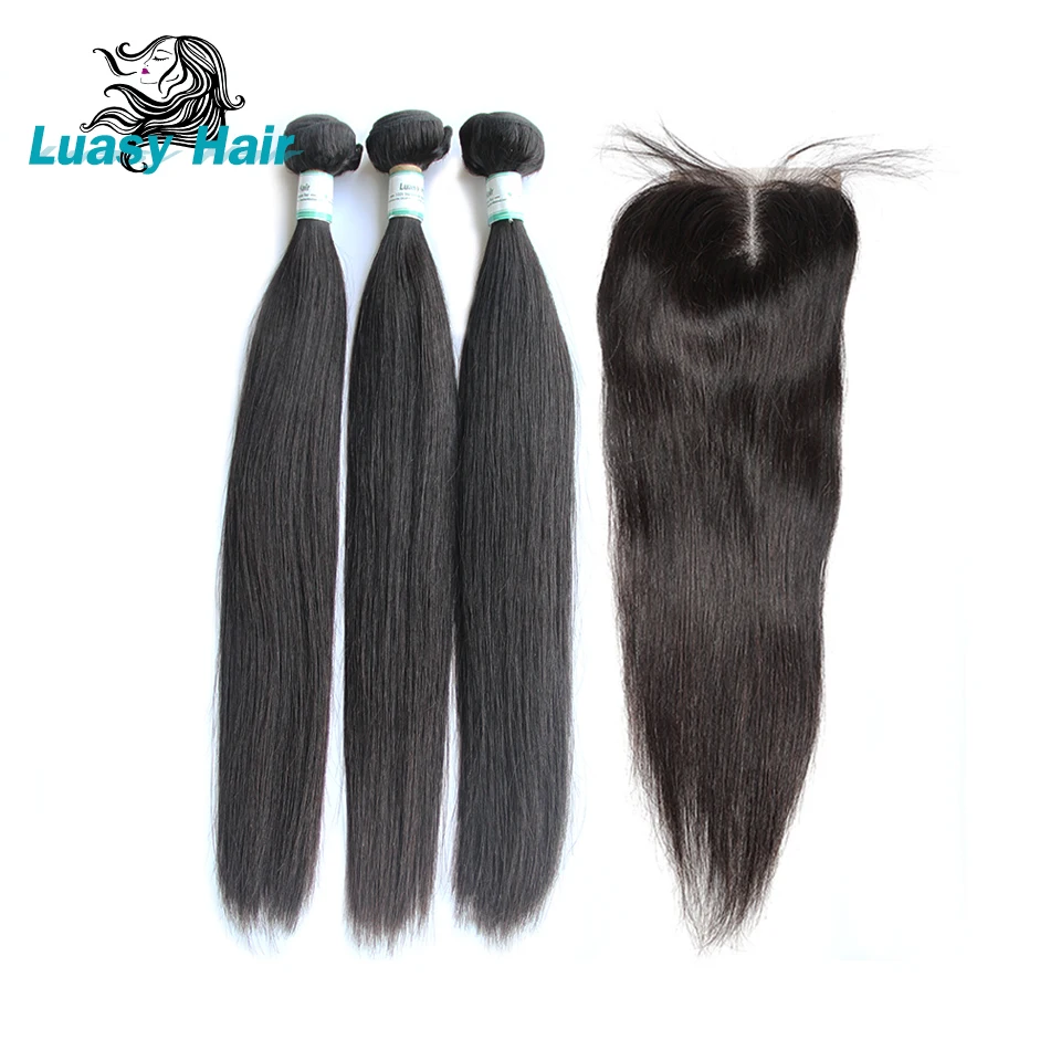 Luasy перуанские прямые человеческие волосы пучки с закрытием 100% Remy человеческие волосы плетение 3 пучка с закрытием шнурка натуральный цвет