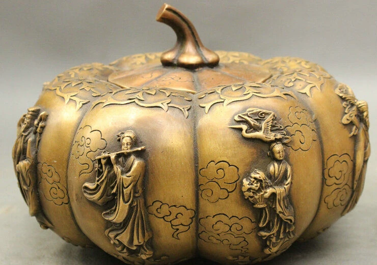 

Folk Chinese Myth Bronze Taoism 8 Immortals Flowers Statue Pumpkin Form Box