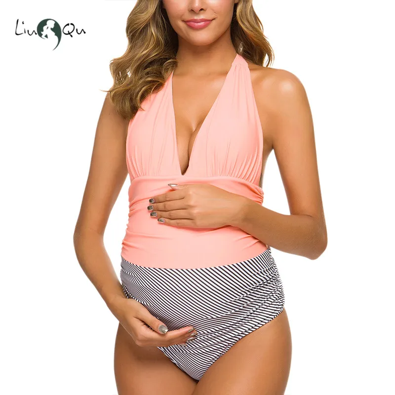 

One Piece Maternity Swimsuits Stripe Patchwork Halter Pregnancy Swimwear Deep V Neck Monokini High Waisted Bathing Suits