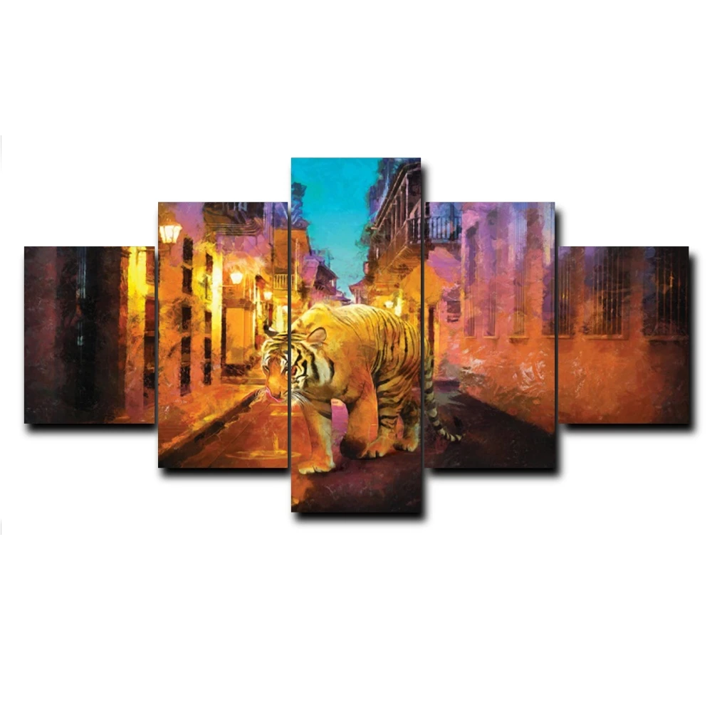 

5 Panel Tiger Animal Posters and Prints Vintage Wall Art Calligraphy Abstract Canvas Painting Wedding Home Decoration No Frame