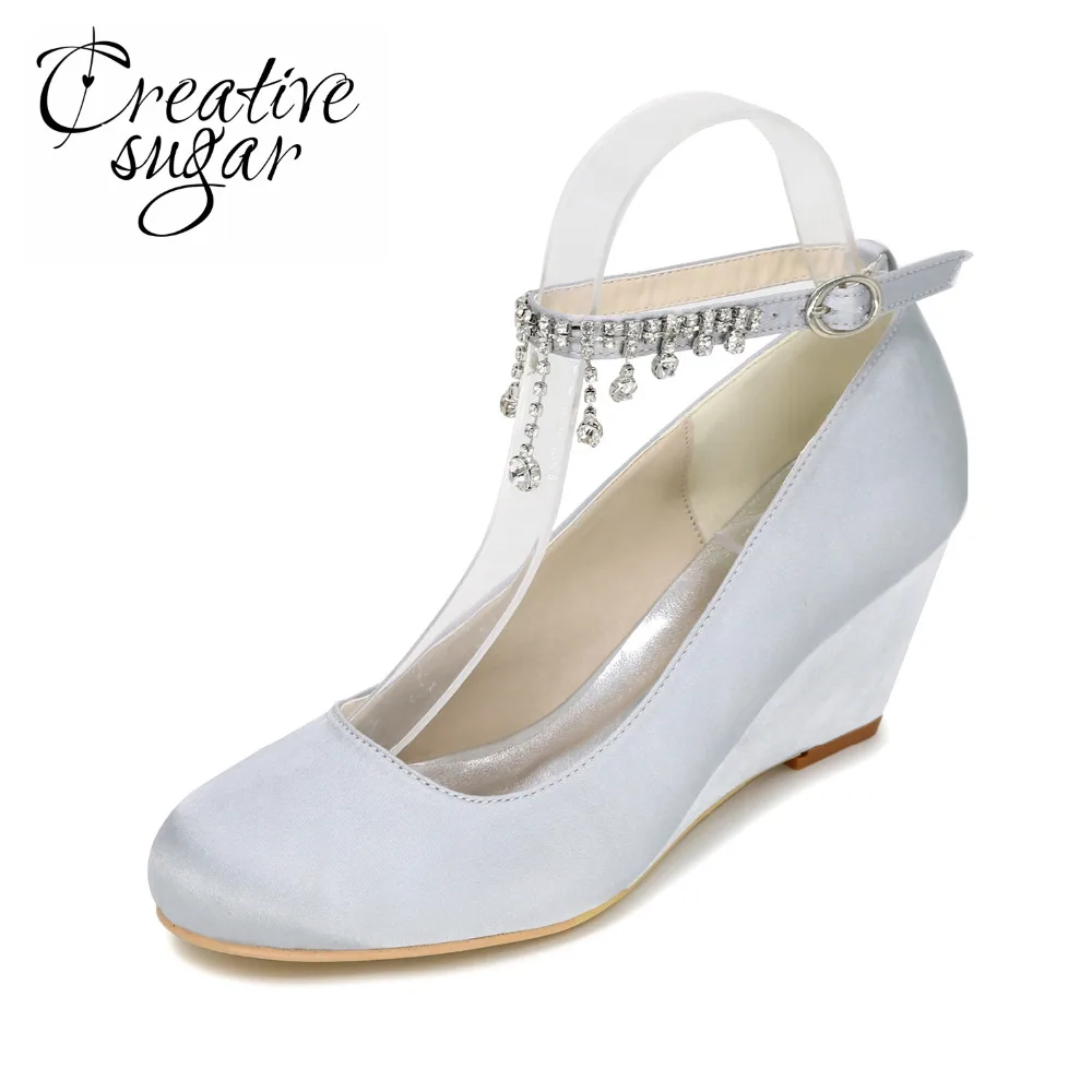 

Creativesugar Elegant beach wedding dress wedges middle heel pumps with ankle strap sexy cocktail party evening dress shoes
