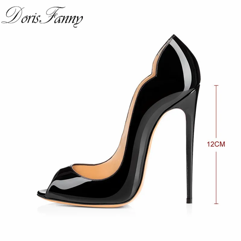 DorisFanny/женские туфли на каблуке; модель года; леопардовые женские туфли-лодочки на шпильке с открытым носком; пикантные туфли-лодочки на высоком каблуке 12 см - Цвет: Черный