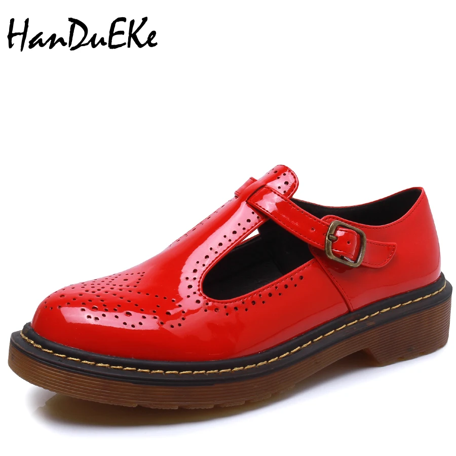 HanDuEKe Carved flower T Strap Leather Brogue Shoes Woman Patent