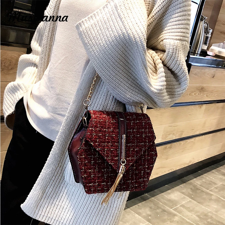 

Retro Fashion Fringed Small Square Bag Ins Woolen Women Bag Female Chain Shoulder Messenger Bag Evening Bag Clutch 2019