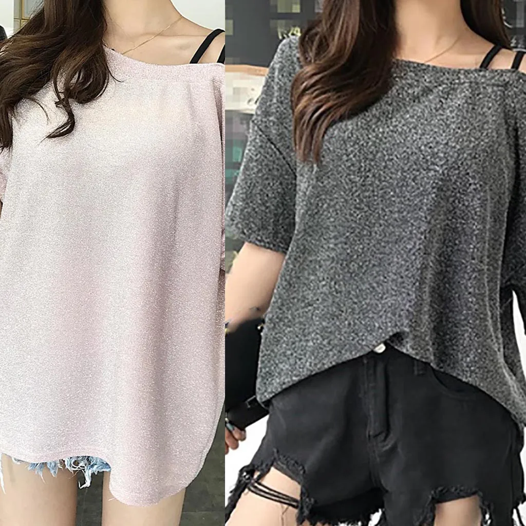 

Women Blouse 2019 Summer Women's Shining Shining Top Short Sleeve T-Shirt With Short Shoulders