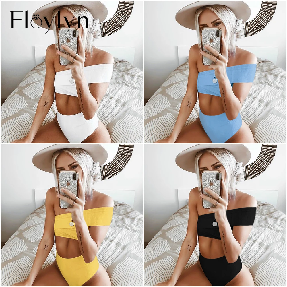 

Floylyn Women Sexy Two Piece Bikini Set One Off The Shoulder Irregular Wrapped Crop Top High Waist Thong Solid Color Drop Ship