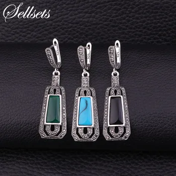 

Sellsets Vintage Silver Color Metal Geometric Earrings Pave CZ Rhinestone And Green Blue Black Square Resin Women Jewelry 2018