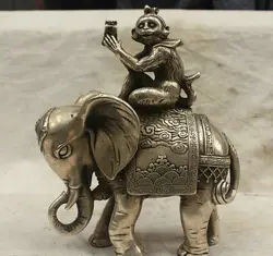 Китайский Народная Культура Фэншуй Ручной Старый Серебряная Бронзовая Статуя Слона Обезьяна
