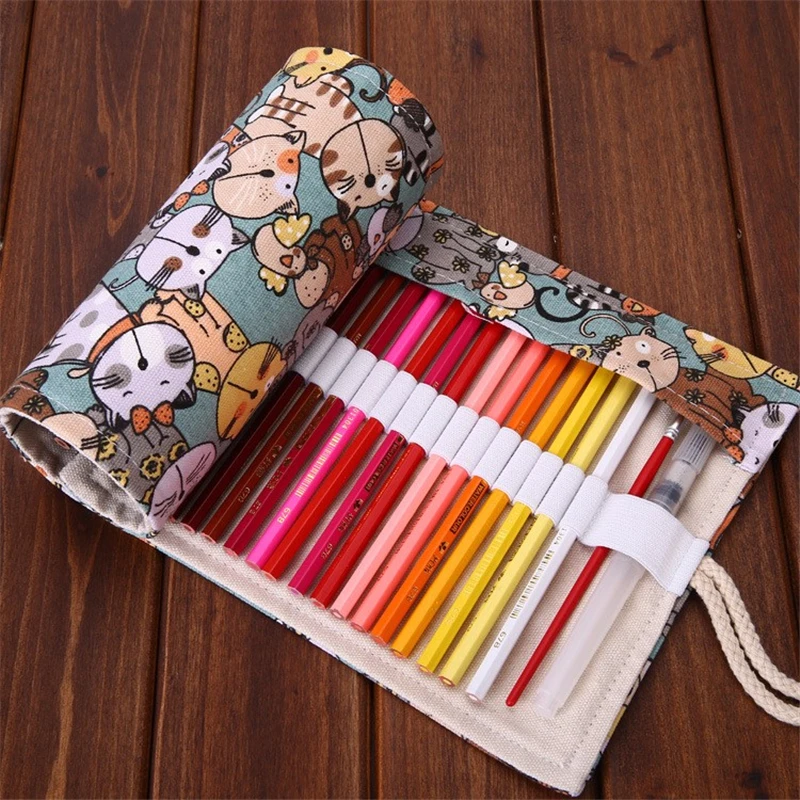 Каваи милый кот кометных Ролл Пенал Холст 36/48/72 Отверстия школы Pencilcase уголовного для мальчиков и девочек мешок ручки канцелярские сумка