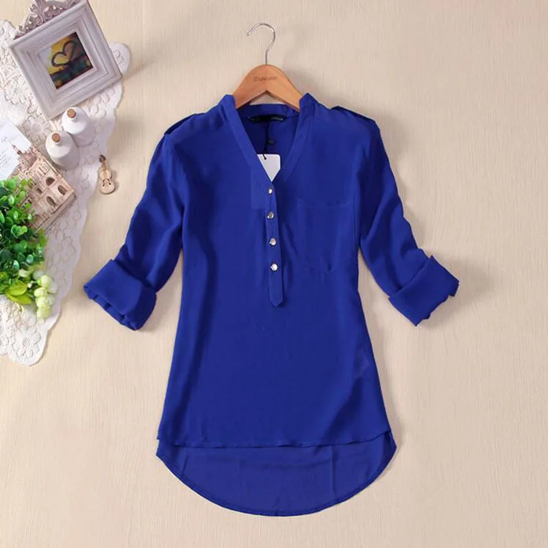 

2017 Loose Casual Blouses Women Long Sleeve Deep V Neck Chiffon Blouse Shirt Button Back Asymmetric Ladies Shirt Tops Plus Size