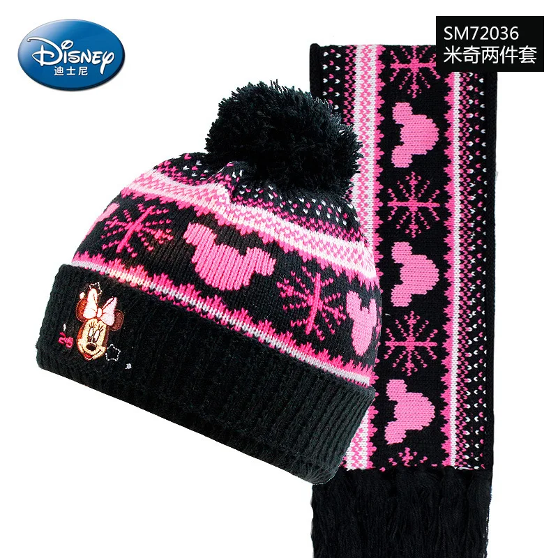 

Disney 4-10Years Minnie Mickey Child Cap Scarf Set Kids Cartoon Design Stripe Knit Hat & Scarf Winter Warm Suit Set Accessories