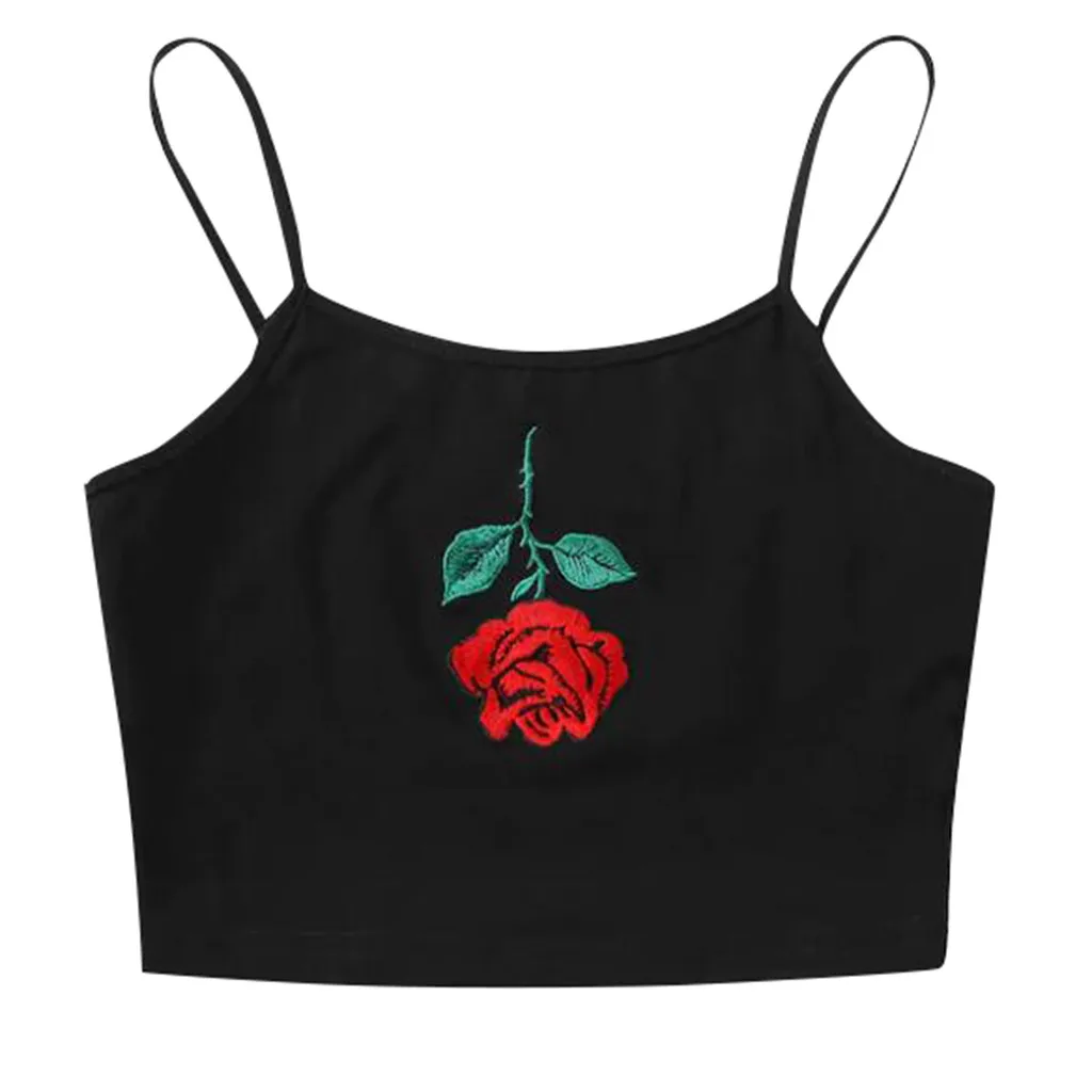 

Womail Vest Tank Top 2019 Women Sexy Rose Embroidery Sleeveless Short Tee Shirt Crop Women Vest Plus Size