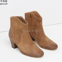 Qianruiti, zapatos de invierno a la moda para mujer, botines de gamuza, botines marrones grises con tacones gruesos, botas de vaquero Estilo Vintage occidental, diseño de zapatos para mujer