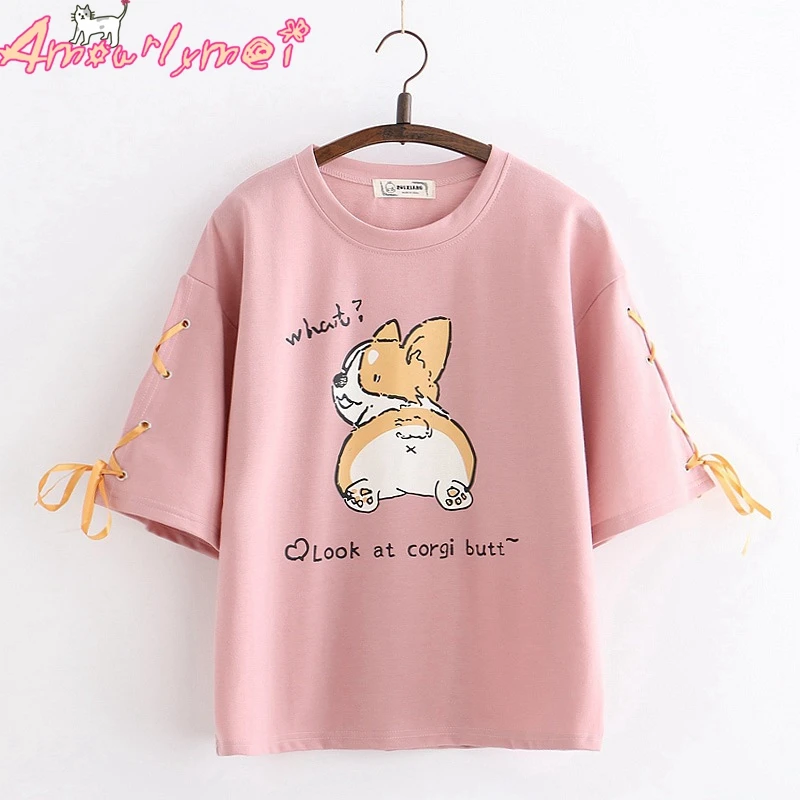 

Kawaii Cartoon Corgi Letter Printed Bow Lacing Cotton Short Sleeve T shirt Mori Girl Summer Cute Women Tops Pink White Blue