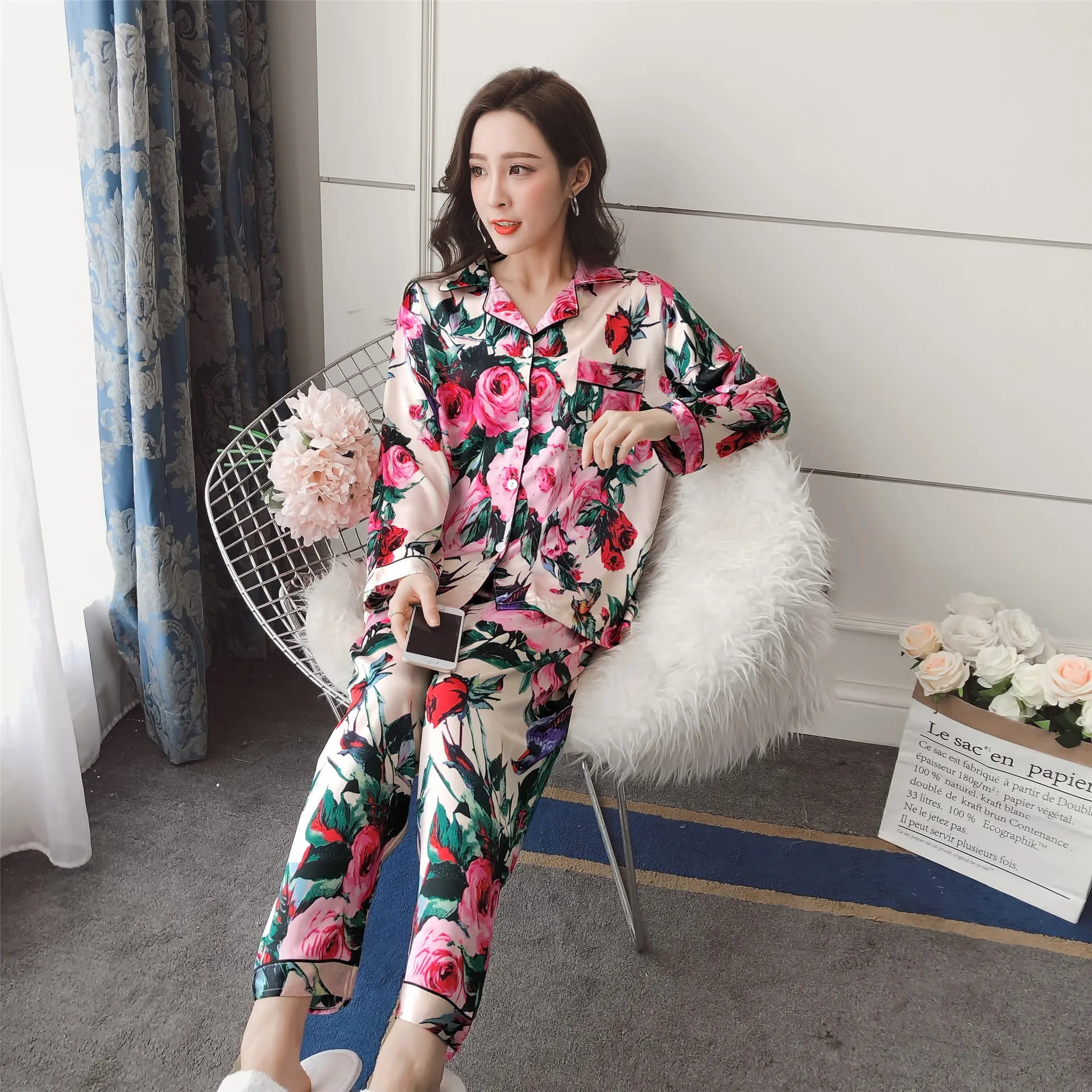 QWEEK, шелковые пижамные комплекты с цветочным принтом, женская пижама, осенняя Пижама, Повседневная атласная Женская пижама с длинным рукавом, комплект из 2 предметов, домашняя одежда - Цвет: 172
