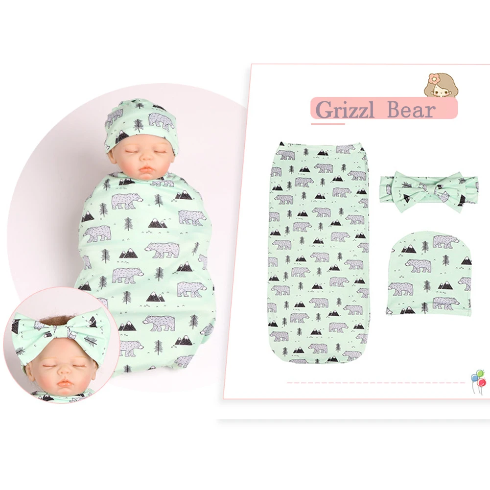 Мягкое одеяло для новорожденных с цветочным рисунком, 3 предмета, пеленка для малышей, повязка на голову, шапка, одеяло для сна, сумка для детей 0-6 месяцев