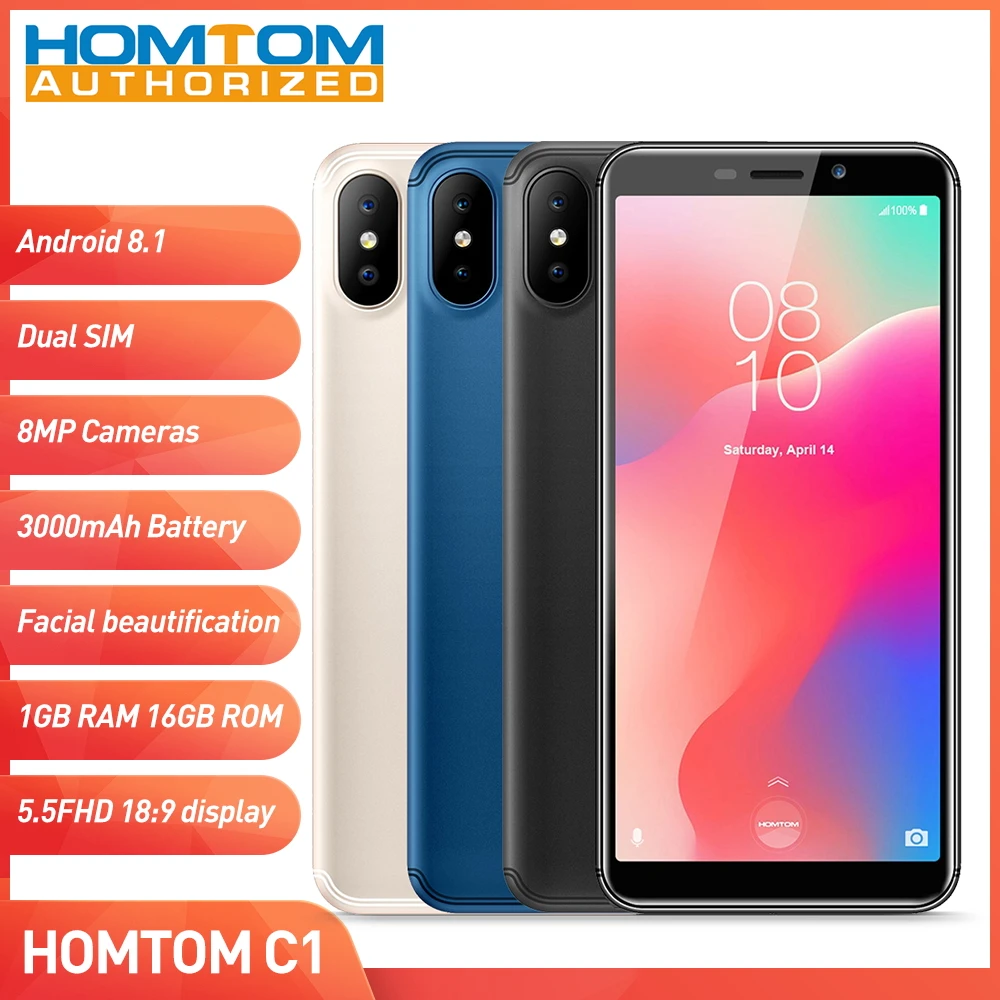 Оригинальный смартфон HOMTOM C1 3g 5 ''Android Go OS четырехъядерный 1. Hz 1GB ram 16GB 13.0MP + 2.0MP