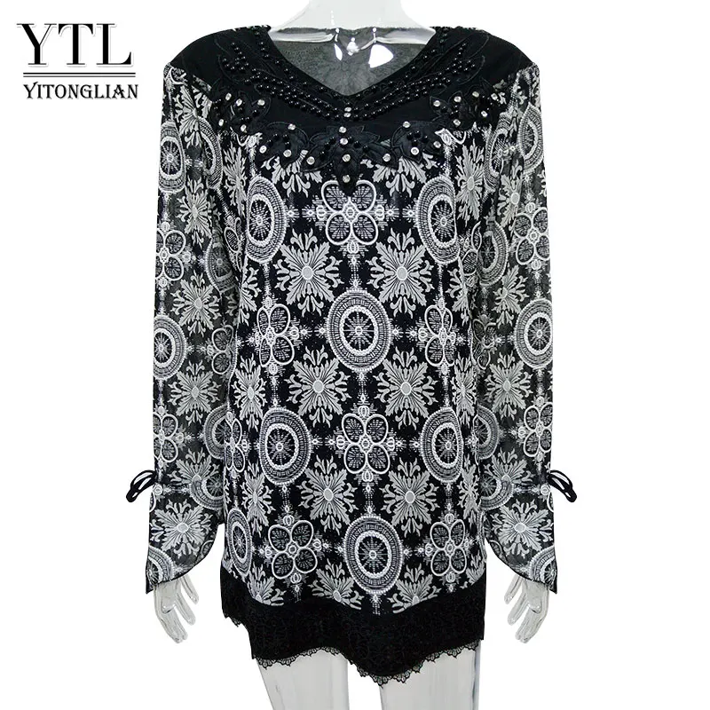 Yitonglian, зимняя Женская Базовая рубашка размера плюс, вышивка бисером и бриллиантами, кружевной топ в стиле пэчворк, модная футболка 7XL 8XL H035 - Цвет: Black