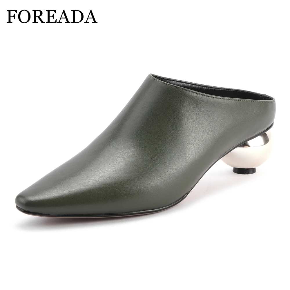 

FOREADA High Heels Women Mules Shoes Natural Genuine Leather Strange Style Heels Shoes Cow Leather Casual Pumps Female Size 4-10