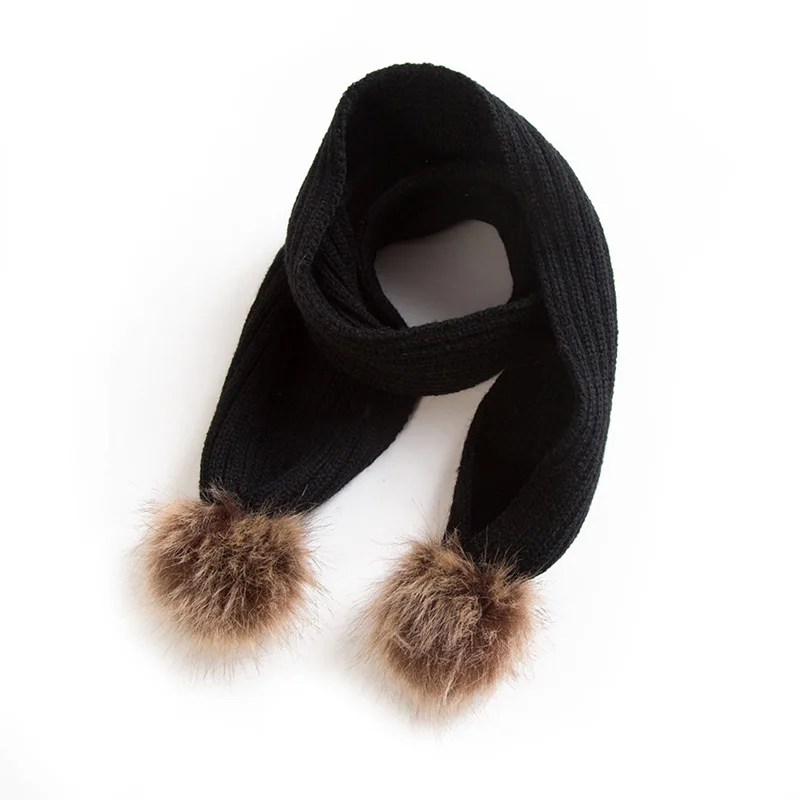 Половина скидки Puseky ребенок двойной шар меховой Декор зимний теплый вязаный крючком шейный шарф - Цвет: Black