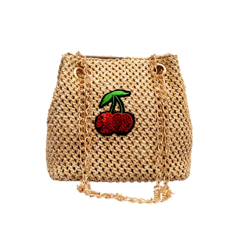 

Bohemia Straw Bags Women Shoulder Bag Messenger Rattan Bags Cherry Embroidery Chain Crossbody Bags
