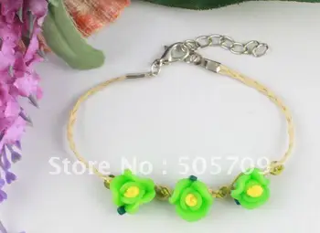 

24PCS Green clay flower Raffia Wish Bracelets #21649