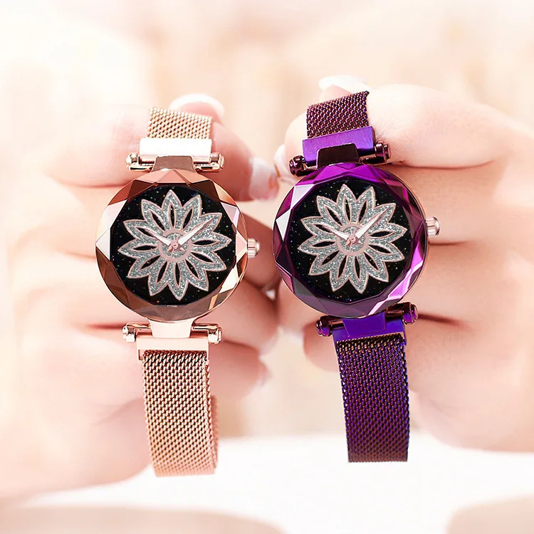 

Luxury Women Magnetic Watches 2019 Ladies Starry Sky Flower Dial Clock Fashion Women Bracelet Quartz Wrist Watch GIft for lady