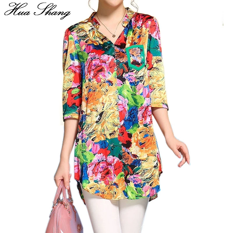En Ligne 2017 Femmes D été Demi Manches Col V Femmes Blouse Floral imprimer Coloré Irrégulière Longues Chemises 3XL 4XL Plus La Taille Femmes Tops