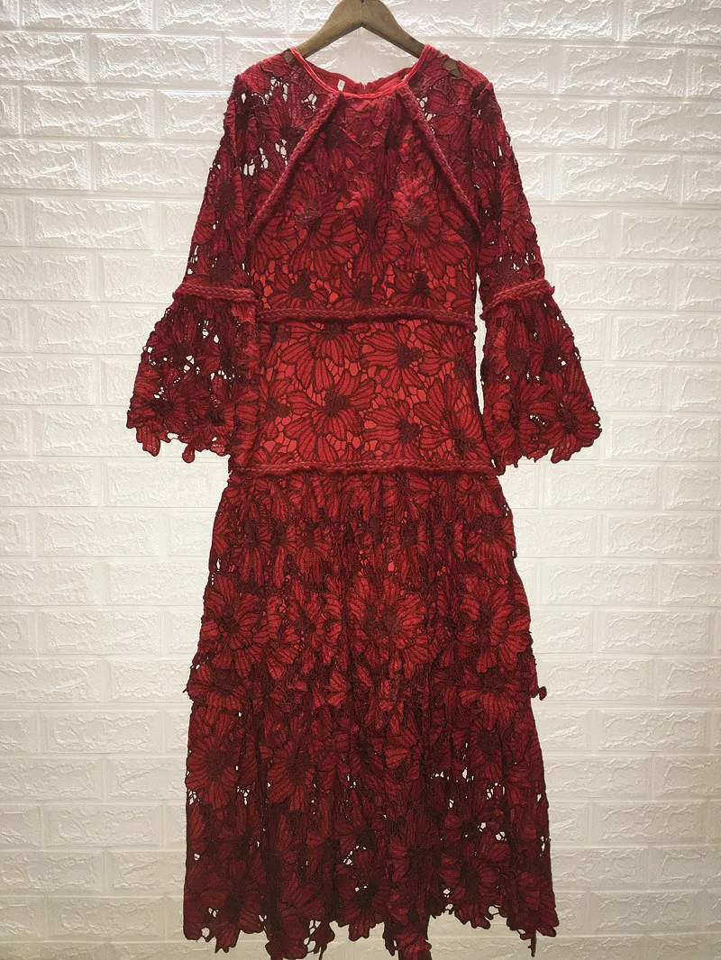 Женское платье цвета красного вина с расклешенными рукавами, кружевные вечерние платья с оборками, высококачественное элегантное платье с цветочным рисунком Vestidos
