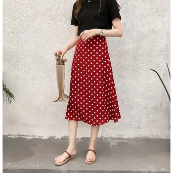 

Summer Chic Boho Beach Skirts Women Red Black Polka Dot Skirt Long High Waist Elastic Female Retro Skirt