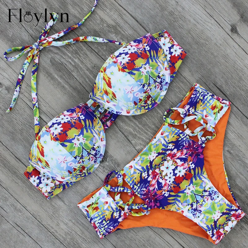 

FLOYLYN 2017 Retro Floral Swimsuit Underwire Bikini Set Push Up Swimwear Women Cut Out Biquini Female Beach Bathing Suit