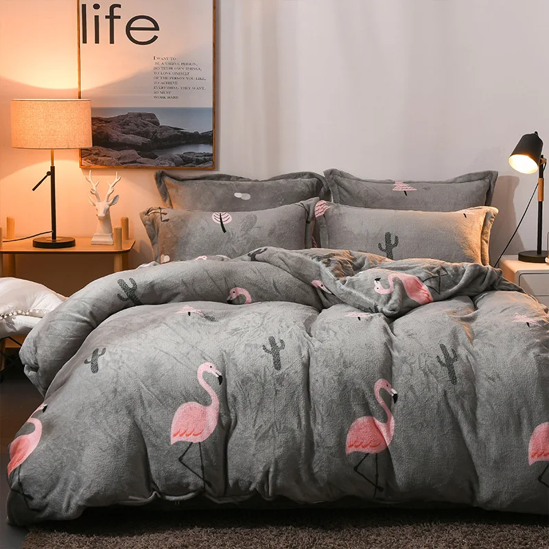 Bedding thickening plus velvet printing warm flannel four-piece three-piece | Дом и сад