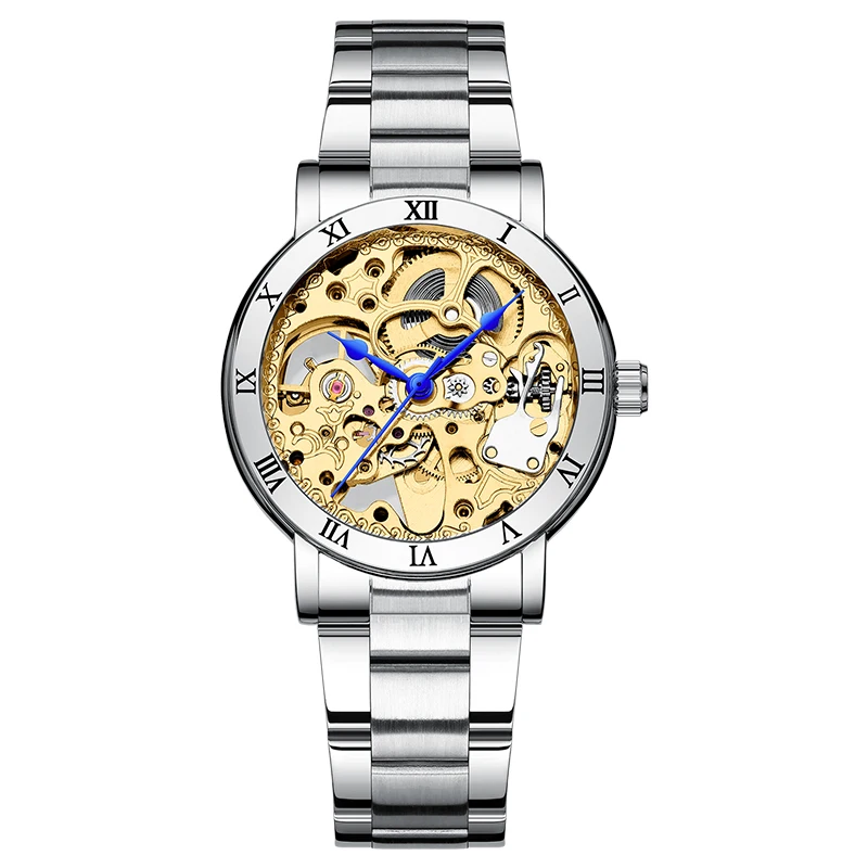 Модные женские автоматические механические наручные часы для женщин; известный бренд Роскошные черные простые часы со скелетом из нержавеющей стали