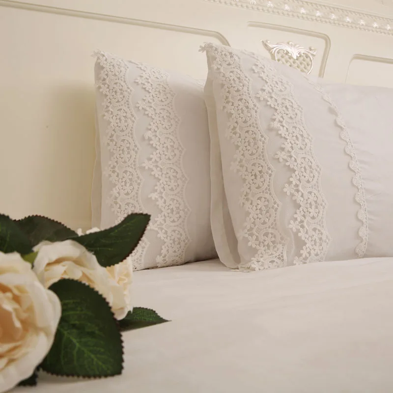 

Solid White Color Pillow Cover with Lace Rectangle Bed Pillow Case European style elegant embroidered pillowcase luxury