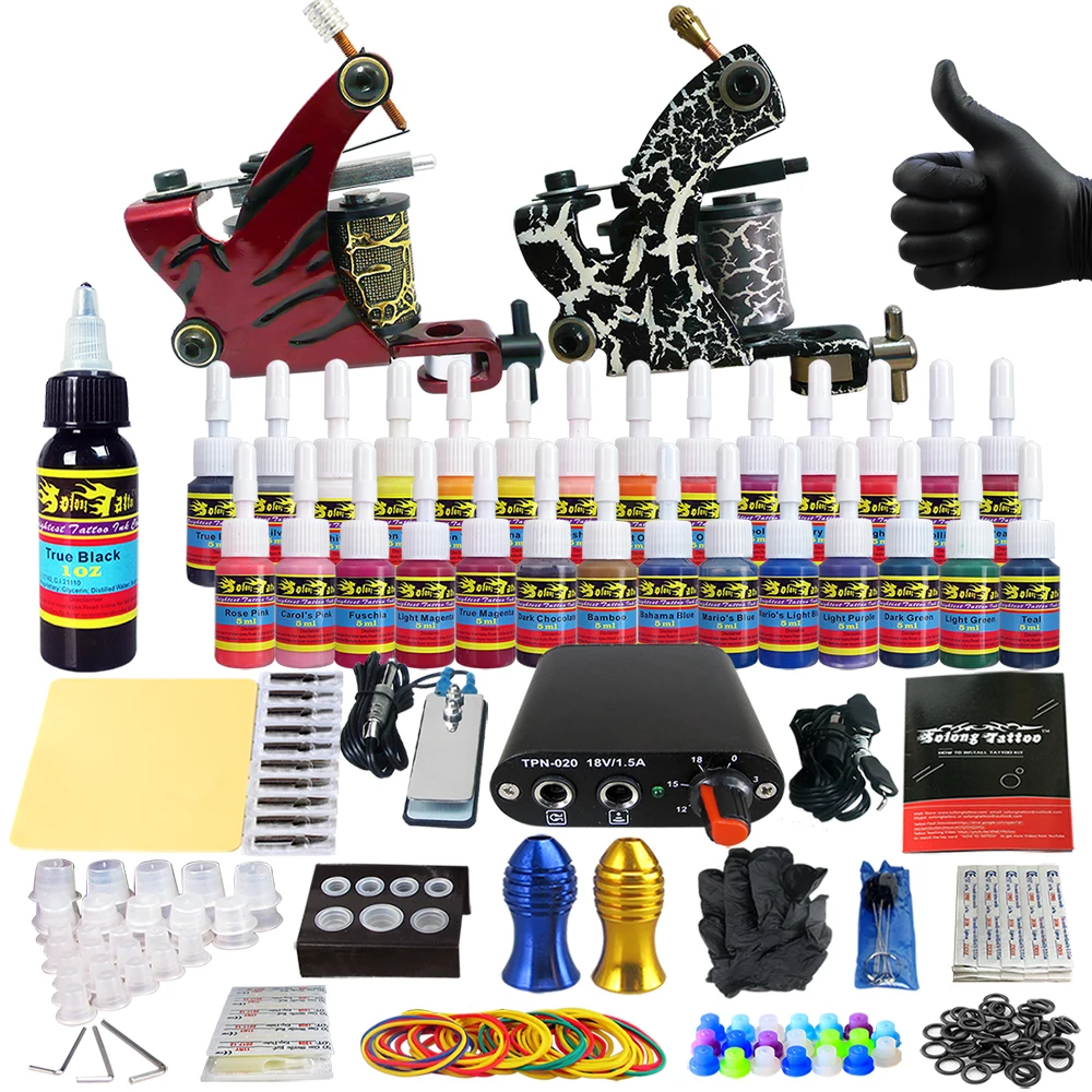 

Hybrid Complete Kit For Tattoo Liner and Shader Beginner Power Supply Foot Pedal Grips Needles Ink Set Tattoo Body&Art TK204-38