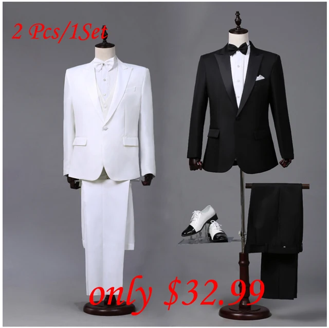 Online Custom Made Mens Black White Suits Jacket Pants Formal Custom Made Mens Black White Suits Jacket Pants Formal Dress Men Suit Set Wedding Groom Tuxedos For Blazer