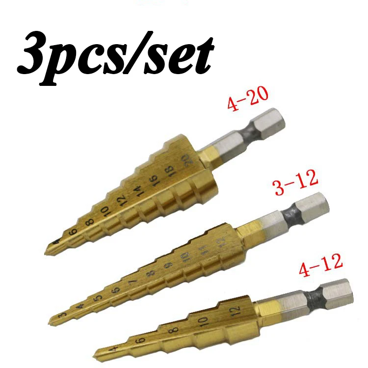 Быстрорежущее стальное титановое ступенчатое сверло 3-12 мм 4-12 мм 4-20 мм ступенчатое конусное сверло набор металлических сверл для деревообработки дерева - Цвет: 3pcs