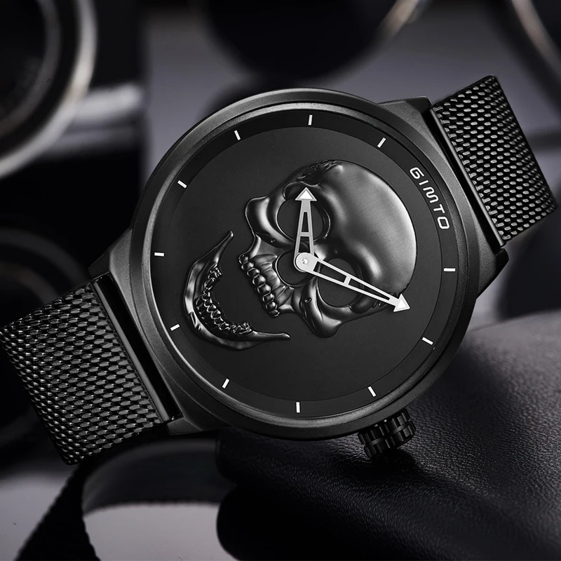 2018 Cool Punk 3D Skull Men Watch Brand GIMTO Luxury Steel Gold Black Vintage Quartz Male Watches sport clock Relogio Masculino