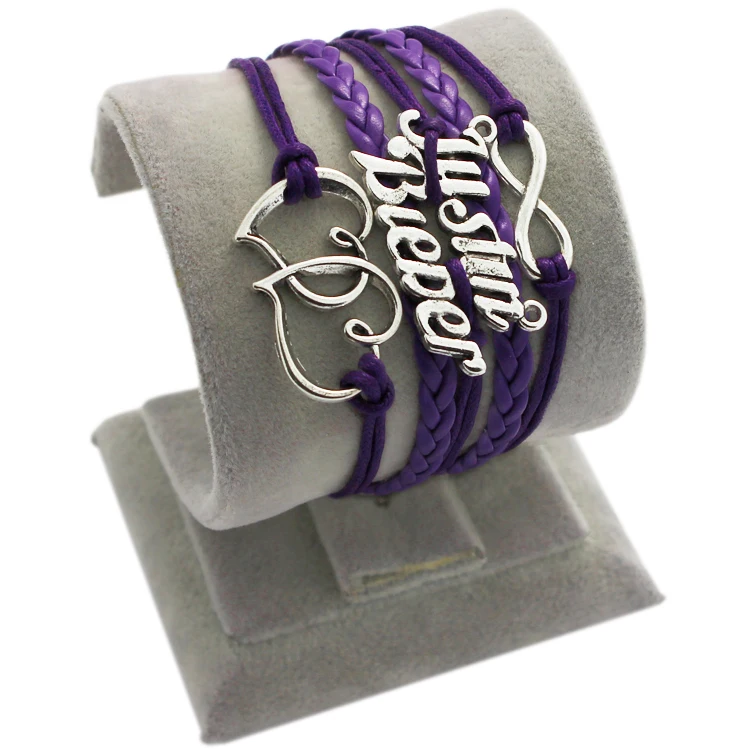 DIY male friendship Silver Love Infinity Justin Bieber Butterfly Charms Purple Leather Wax Cord woven rope