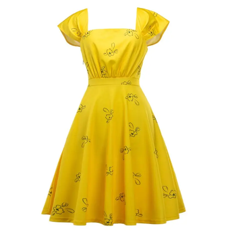 

Summer Vintage Elegant Party Sweet Yellow Women Mini Dresses Retro Aline Office Ladies Square Neck Backless Floral Female Dress