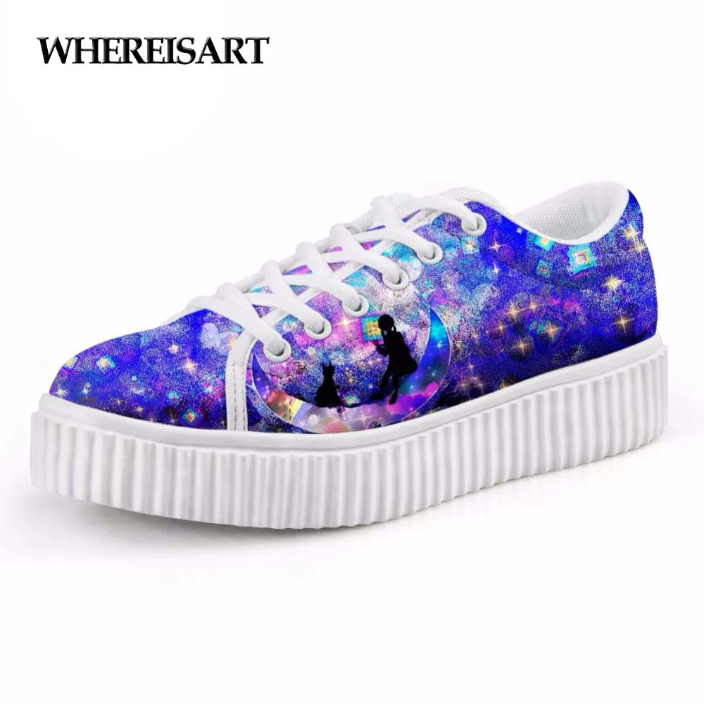

WHEREISART Starry Night Women Casual Flats Platform Shoes Height Increasing Female Low Creepers Shoes Woman 3D Galaxy Shoes