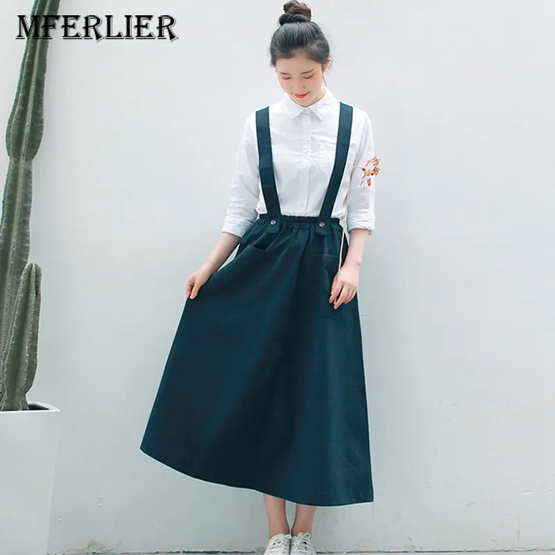 

Mferlier Autumn Women Skirt Long with Shoulder Strap A Line High Elastic Waist Pocket Casual Pleated Cotton Linen Skirt